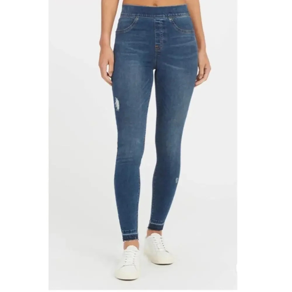 NWT Spanx Distressed Skinny Jeans in Medium Wash Slimming Size L - Picture 3 of 11
